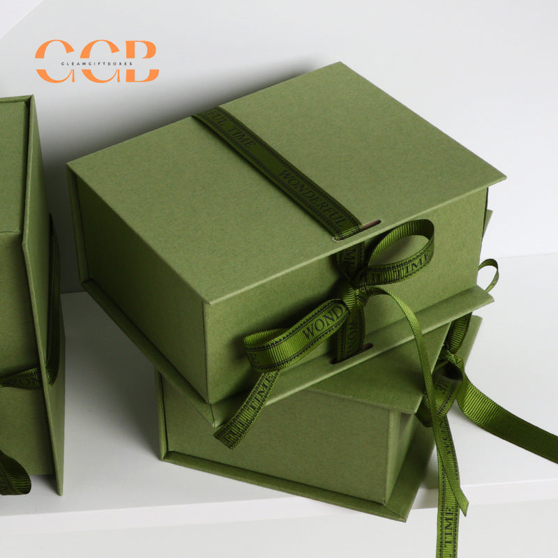 10pcs Luxury Olive Green Ribbon Gift Box | Custom Logo Flip-Lid Jewelry Packaging for Necklace, Ring & Bracelet