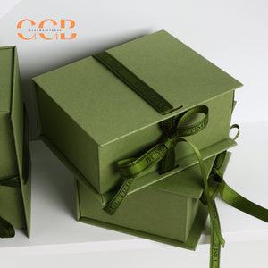 10pcs Luxury Olive Green Ribbon Gift Box | Custom Logo Flip-Lid Jewelry Packaging for Necklace, Ring & Bracelet