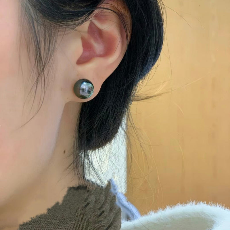 4A 8-14mm Nearly Flawless Tahitian Black Pearl Earrings Custom in 18K Yellow or White Gold Natural Round Seawater Peacock Green Pearl
