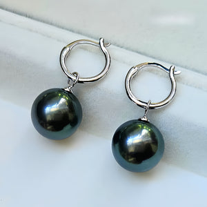 18K Gold 4A 8-11mm Tahitian Black Pearl Earrings, Round High Luster Peacock Green Sea Pearls, Convertible Ear Clips, Pearl Wholesale