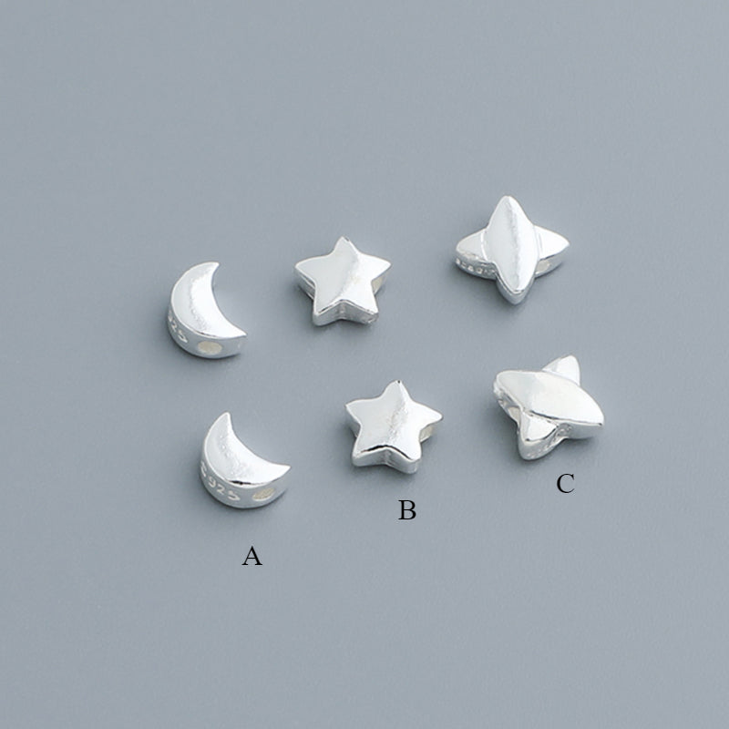 10pcs S925 Vegan Silver Star & Moon Spacer Beads - Glossy Geometric