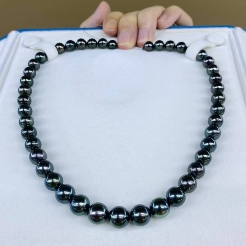 3A 8-11mm Tahitian Pearl Necklace, Natural Black Peacock Green Saltwater Pearls with Aurora Strong Luster, Near Round Strand Jewelry