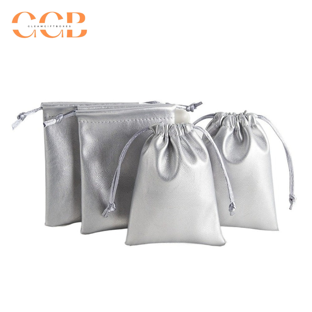 20pcs PU silver jewelry pouch set, metallic drawstring bags for rings earrings necklaces, luxury jewelry packaging gift pouches