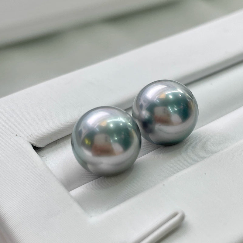 5A 9–14mm Matched Round Tahitian Pearl Pair, Platinum Grey Beads