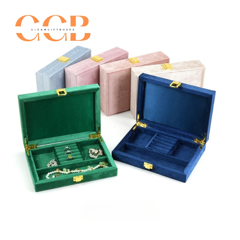 Velvet Jewelry Box with Gold Clasp, Multi-Compartment Organizer for Rings, Earrings & Necklaces, Vanity & Drawer Storage