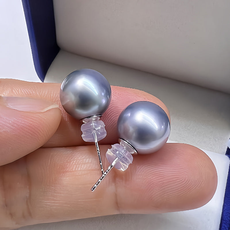5A 8–12mm Round Tahitian Pearl Stud Earrings, Natural Platinum Grey Sea Pearls in 18K Gold, Strong Luster Elegant Basic Style Jewelry
