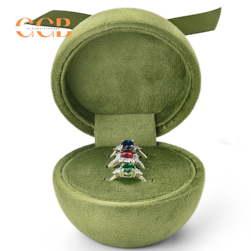 Round velvet jewelry ring box with ribbon single double triple slot gift packaging for wedding engagement proposal display custom logo