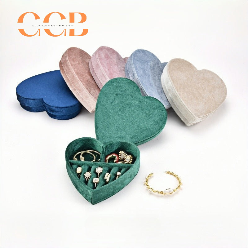 Heart-Shaped Velvet Jewelry Box, Multi-Compartment Organizer for Rings & Earrings, Valentine's Day Gift, Bridal Shower Favor