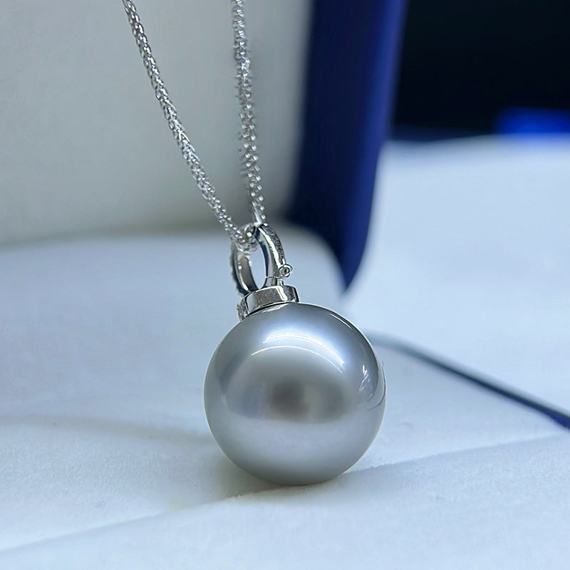 18K Gold 5A Platinum Grey Tahitian Pearl Pendant Necklace, Round High Luster Sea Pearl with Diamond Universal Bail, Pearl Wholesale
