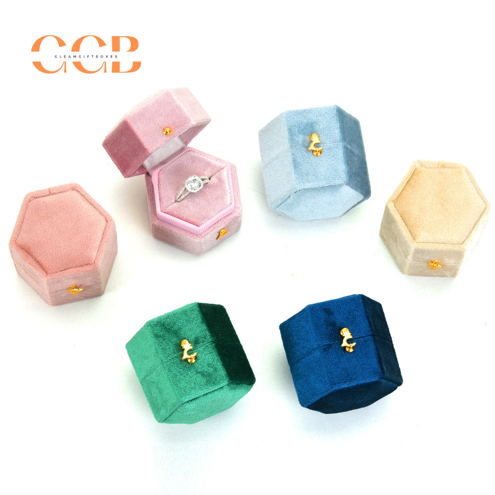 Hexagon Velvet Ring Box Green Wedding Proposal Ring Box