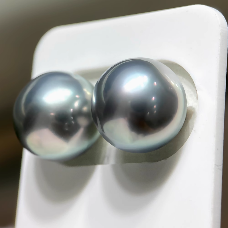 4A 9–14mm Matched Round Tahitian Pearl Pair, Platinum Grey Mirror Luster Sea Pearls, Natural Undrilled Beads for Earrings or Pendant