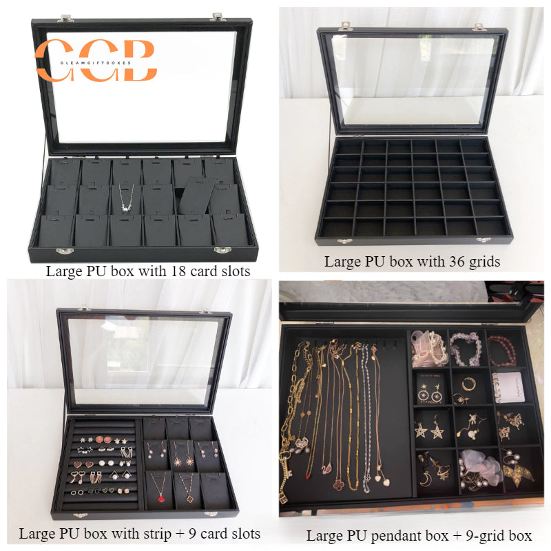Black Leather Jewelry Display Box with Lid, Medium or Large Size