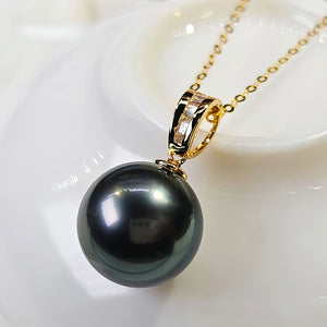 18K Gold 3A 8-13mm Tahitian Black Pearl Pendant Necklace, Round High Luster Sea Pearl with Diamond Bail, Luxury Jewelry, Pearl Wholesale