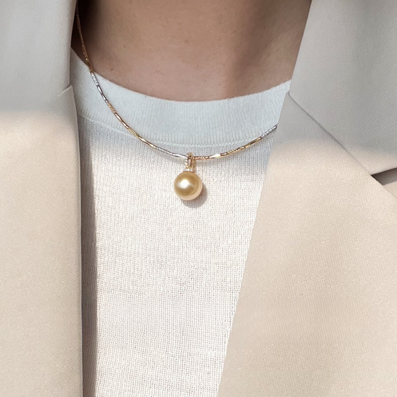 3A 12mm Light Golden South Sea Pearl Pendant, Round Natural Sea Pearl in 18K Gold Clip Bail, Moveable Clasp for DIY or Fine Necklace