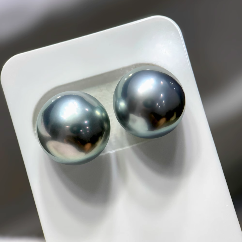 4A 9–14mm Matched Round Tahitian Pearl Pair, Platinum Grey Mirror Luster Sea Pearls, Natural Undrilled Beads for Earrings or Pendant