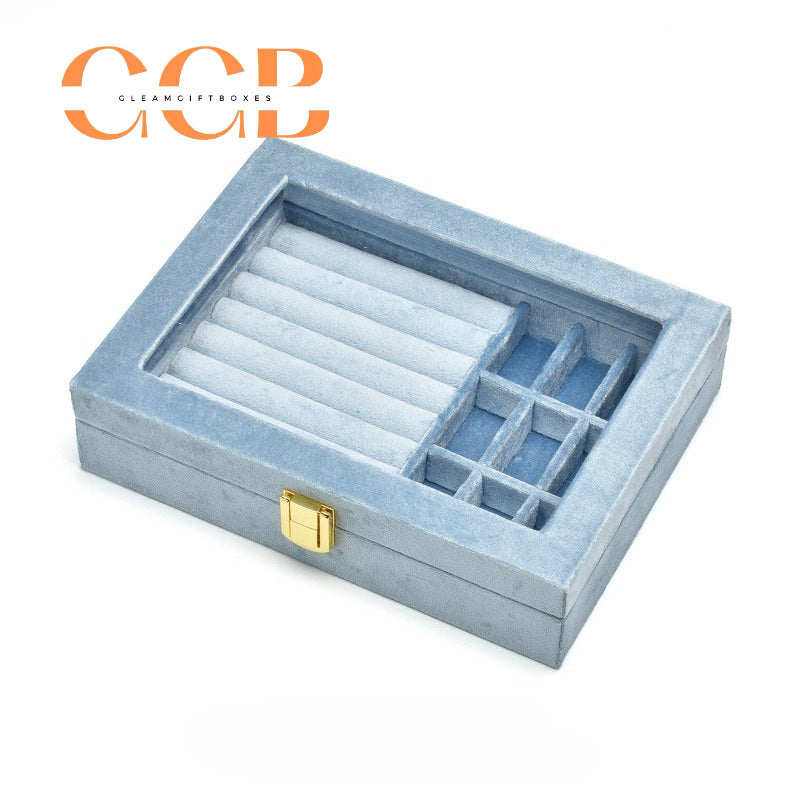Lockable Clear-Lid Velvet Ring Display Box, Lockable Jewelry Organizer for Rings, Earrings & Studs, Vanity & Retail Display