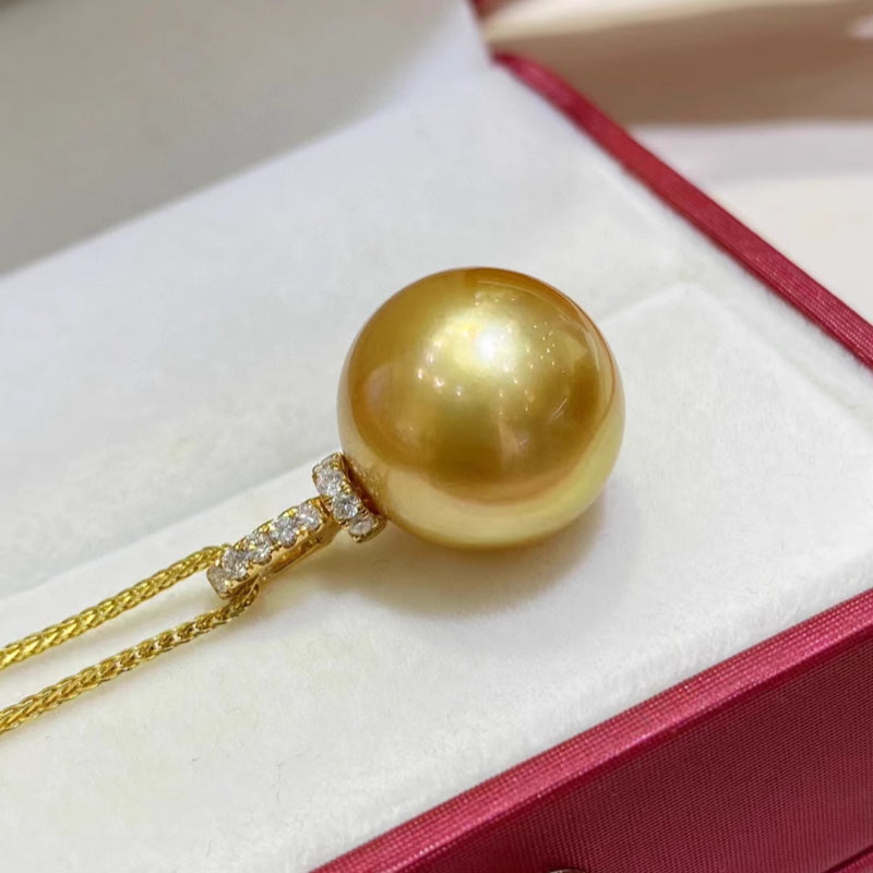 South Sea Gold Pearl Pendant, Deep Golden Round Pearl with 18K Bail