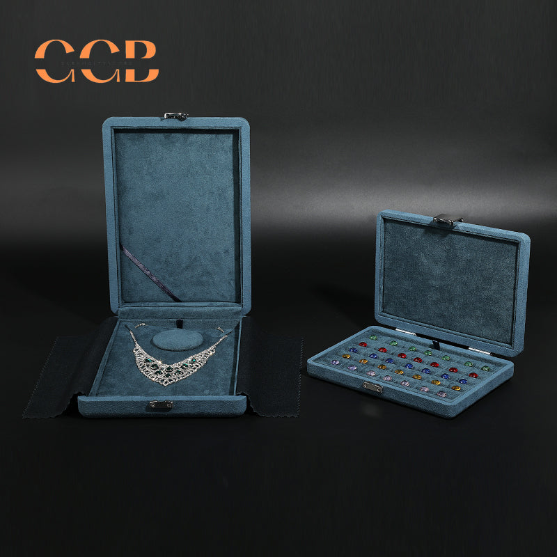Rectangle blue microfiber chain snap box for loose diamond and gemstone storage