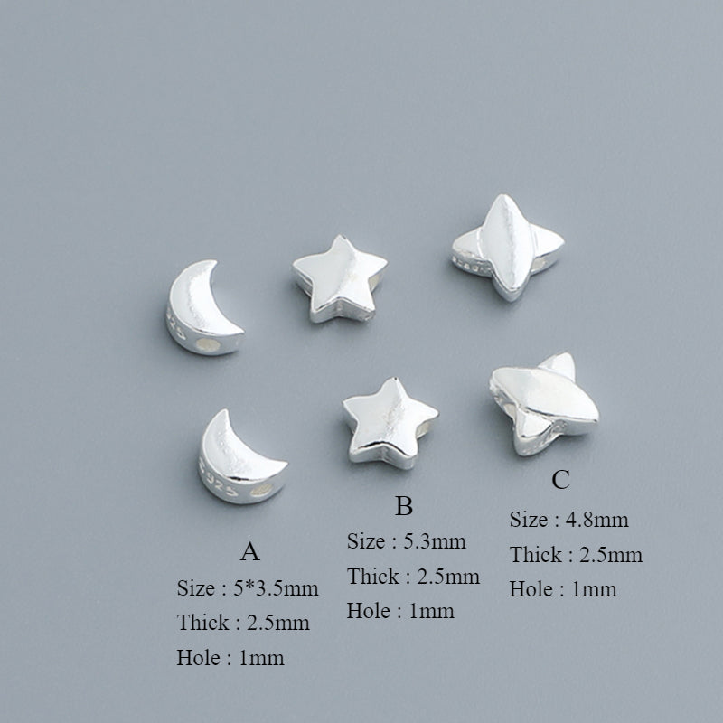 10pcs S925 Vegan Silver Star & Moon Spacer Beads - Glossy Geometric