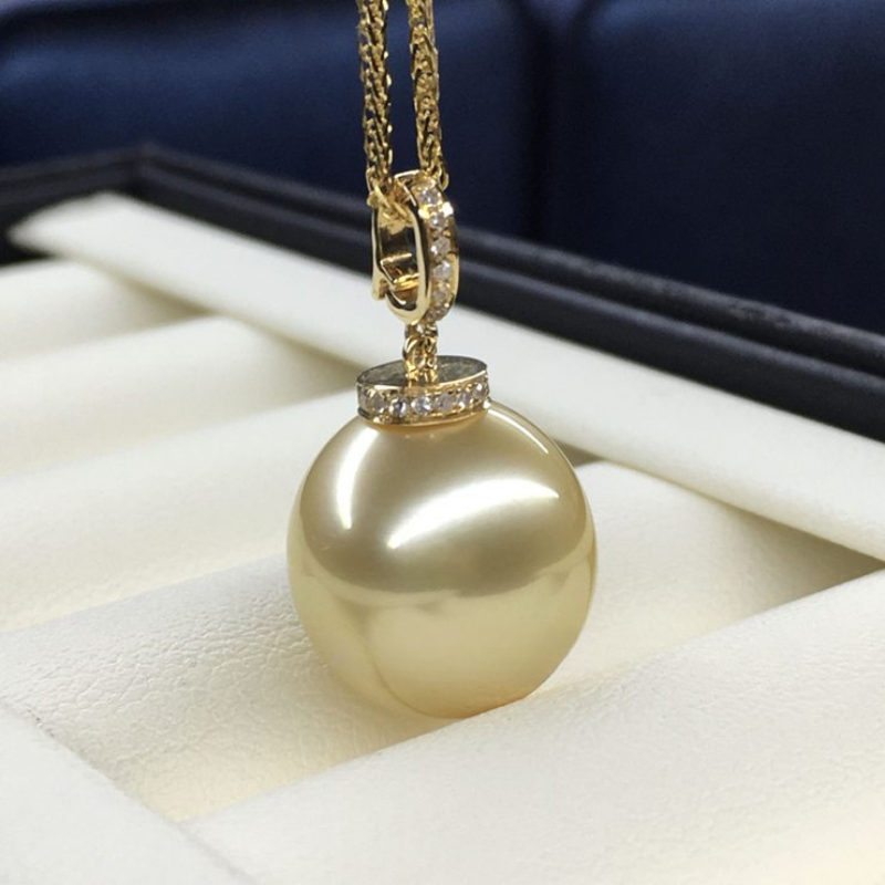 5A 13–14mm Natural Golden South Sea Pearl Pendant, Teardrop Pearl in 18K Gold Diamond Clip Bail, Universal Cap Setting Drop Jewelry