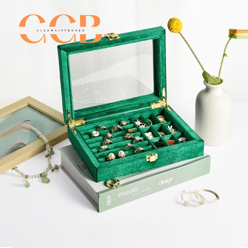 Lockable Clear-Lid Velvet Ring Display Box, Lockable Jewelry Organizer for Rings, Earrings & Studs, Vanity & Retail Display