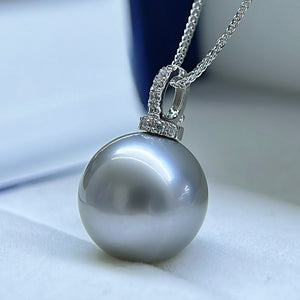 18K Gold 5A Platinum Grey Tahitian Pearl Pendant Necklace, Round High Luster Sea Pearl with Diamond Universal Bail, Pearl Wholesale