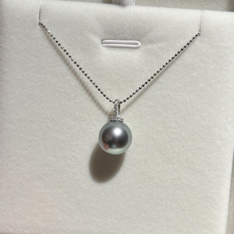 4A 9–13mm Platinum Grey Tahitian Pearl Pendant Necklace, Natural Round Sea Pearl on 45cm Adjustable 925 Silver Chain, Elegant Jewelry