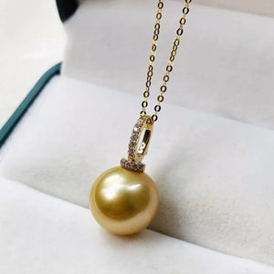 18K Gold 4A 9-14mm Golden South Sea Pearl Pendant Necklace, Round High Luster Pearl with Diamond Bail, Luxury Jewelry, Pearl Wholesale