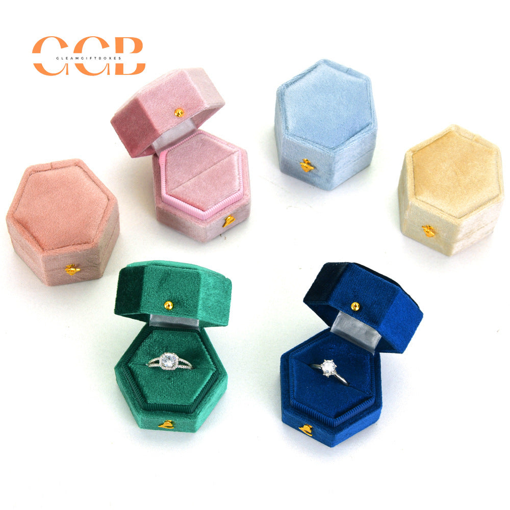 Hexagon Velvet Ring Box Green Wedding Proposal Ring Box