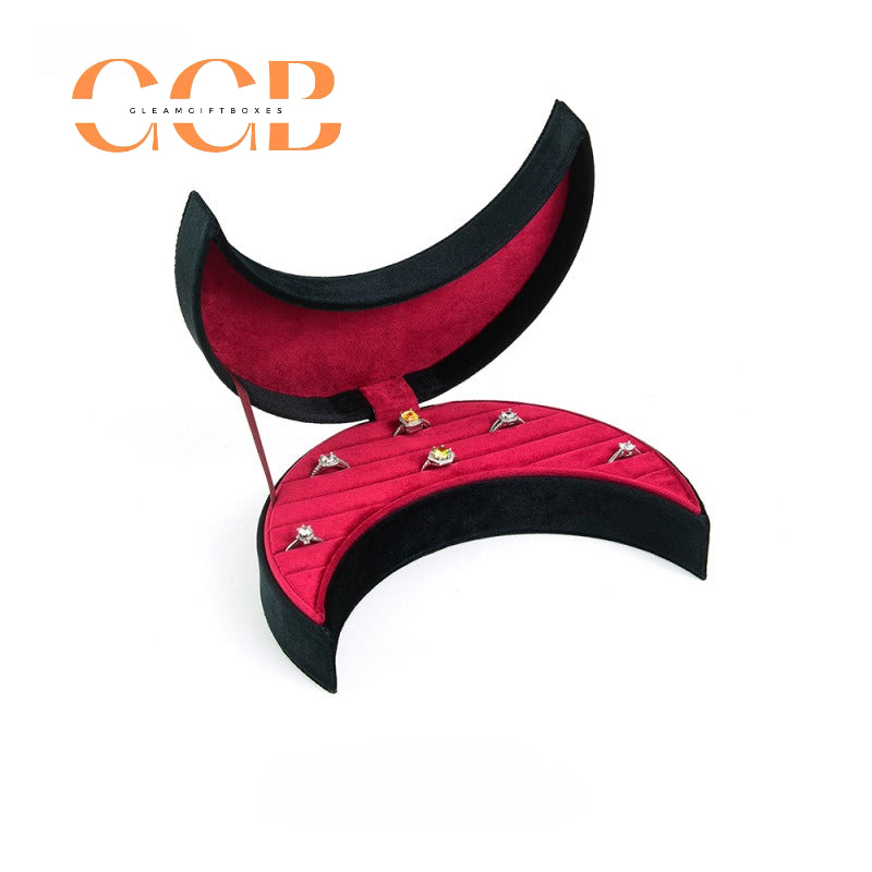 Crescent Moon-Shaped Velvet Ring Box, Black Exterior with Red Quilted Lining, Unique Holder for Engagement & Wedding Rings, Gothic & Celestial Themed
