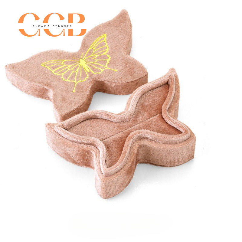 Butterfly Shaped Velvet Ring Box, Gold Foil Print Engagement Proposal Ring Holder, Unique Bridal Jewelry Box
