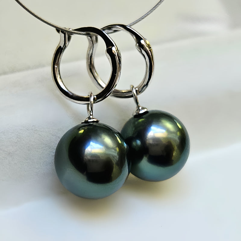18K Gold 4A 8-11mm Tahitian Black Pearl Earrings, Round High Luster Peacock Green Sea Pearls, Convertible Ear Clips, Pearl Wholesale