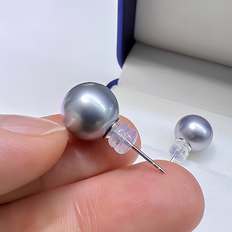 5A 8–12mm Round Tahitian Pearl Stud Earrings, Natural Platinum Grey Sea Pearls in 18K Gold, Strong Luster Elegant Basic Style Jewelry