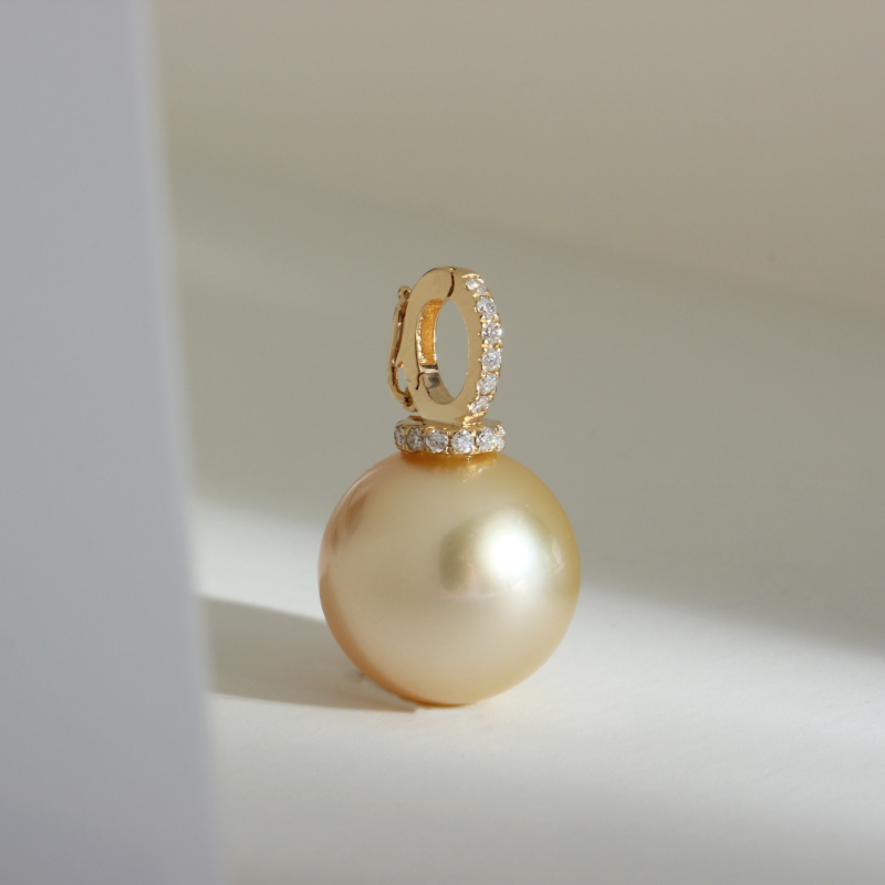 3A 12mm Light Golden South Sea Pearl Pendant, Round Natural Sea Pearl in 18K Gold Clip Bail, Moveable Clasp for DIY or Fine Necklace