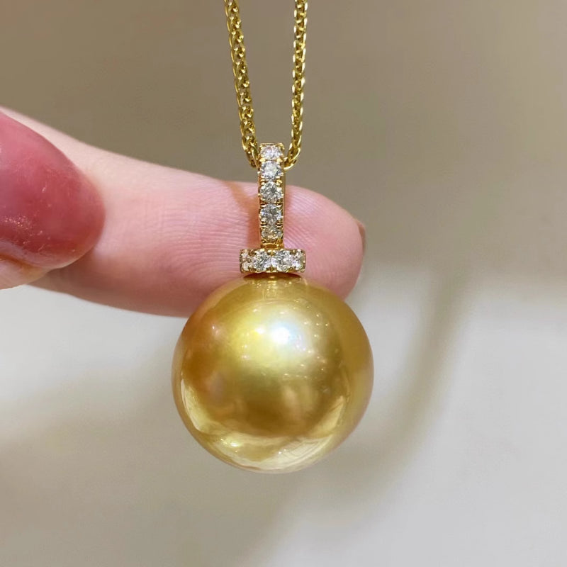 South Sea Gold Pearl Pendant, Deep Golden Round Pearl with 18K Bail