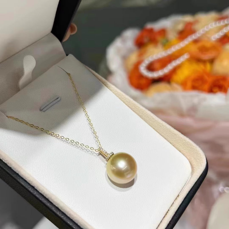 South Sea Gold Pearl Pendant, Deep Golden Round Pearl with 18K Bail