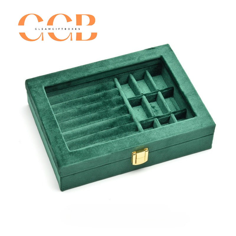 Lockable Clear-Lid Velvet Ring Display Box, Lockable Jewelry Organizer for Rings, Earrings & Studs, Vanity & Retail Display