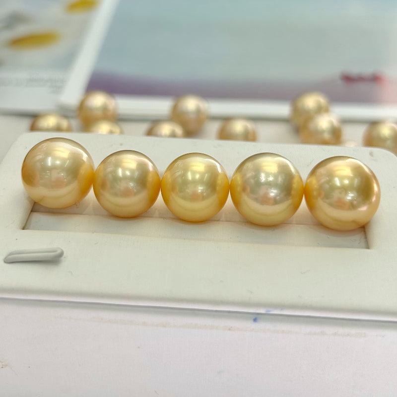 4A 10–14mm Medium Golden South Sea Pearl, Natural Round Saltwater Loose Pearl, Strong Luster Slightly Blemished Bead for Jewelry DIY