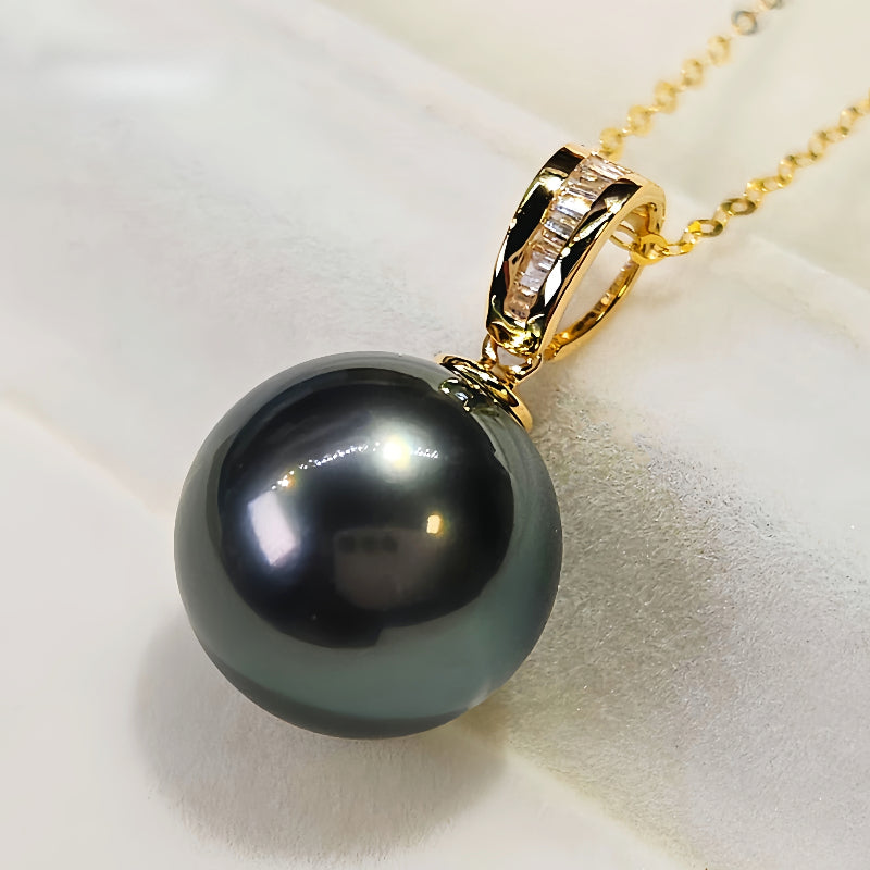 18K Gold 3A 8-13mm Tahitian Black Pearl Pendant Necklace, Round High Luster Sea Pearl with Diamond Bail, Luxury Jewelry, Pearl Wholesale
