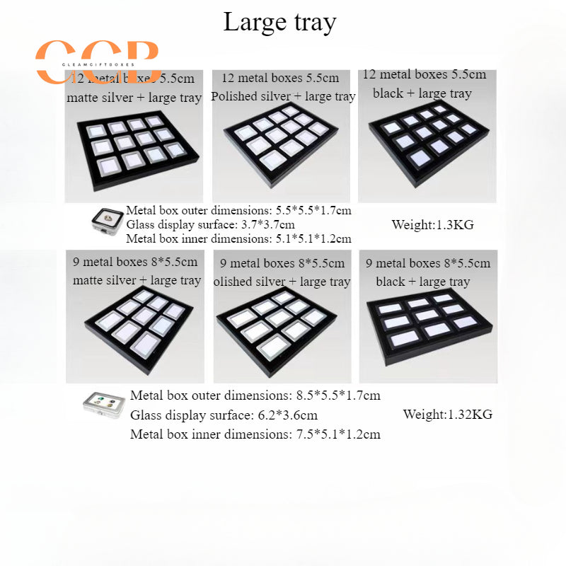 Square Metal Gemstone Display Tray with Glass Top Storage Boxes