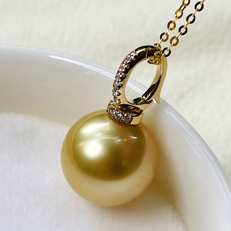 18K Gold 4A 9-14mm Golden South Sea Pearl Pendant Necklace, Round High Luster Pearl with Diamond Bail, Luxury Jewelry, Pearl Wholesale