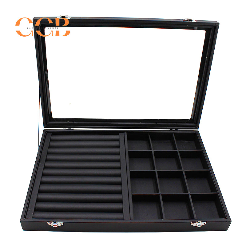 Black Leather Jewelry Display Box with Lid, Medium or Large Size