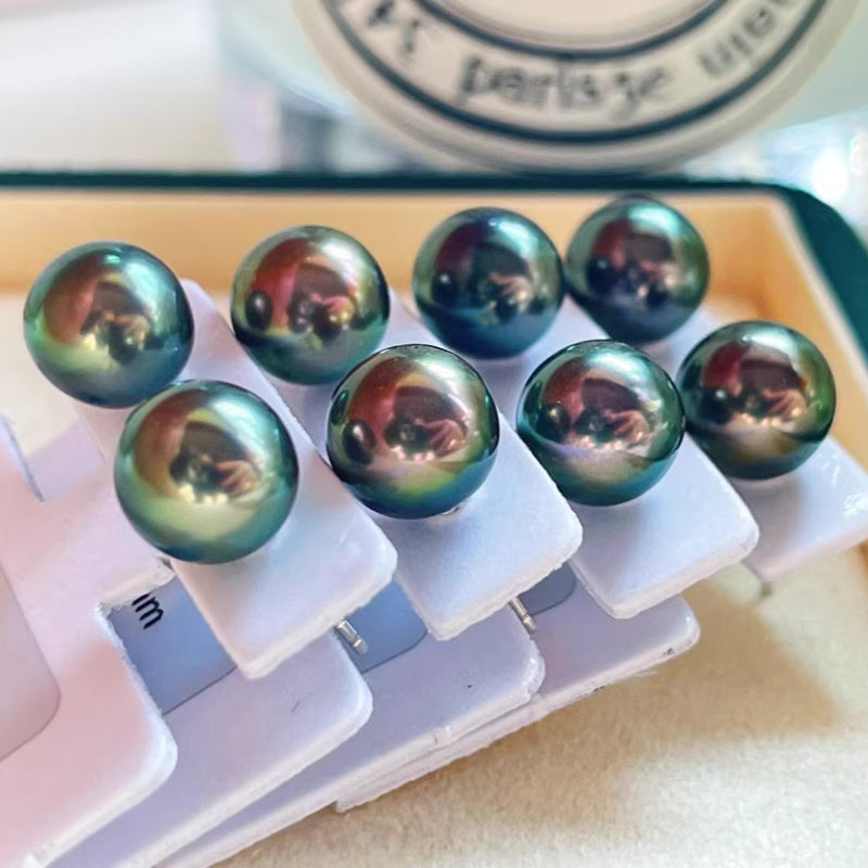4A 8-14mm Nearly Flawless Tahitian Black Pearl Earrings Custom in 18K Yellow or White Gold Natural Round Seawater Peacock Green Pearl