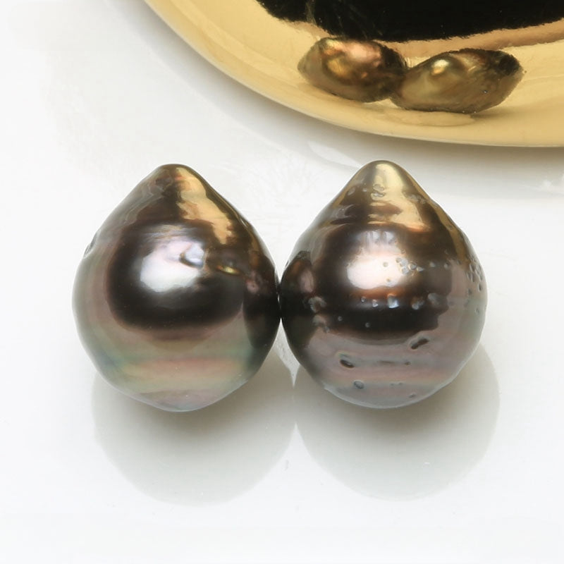 3A 7–8mm Peacock Tahitian Baroque Pearl Pair, Undrilled or Half Drill