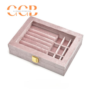 Lockable Clear-Lid Velvet Ring Display Box, Lockable Jewelry Organizer for Rings, Earrings & Studs, Vanity & Retail Display