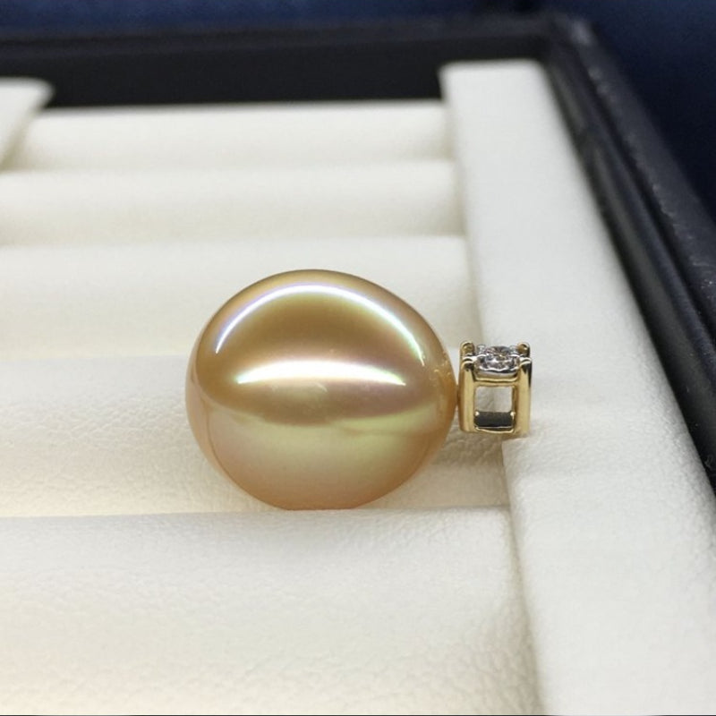 5A 13–14mm Oval Golden South Sea Pearl Pendant, 18K Gold Diamond Drop Setting, Teardrop Sea Pearl Diana Style, Custom Color Match