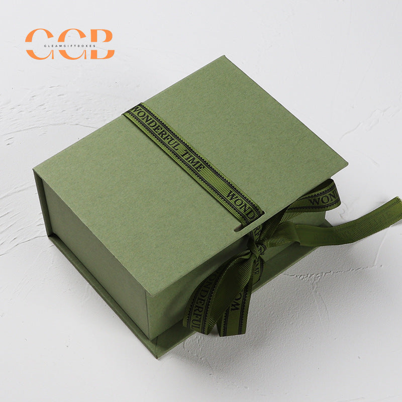 10pcs Luxury Olive Green Ribbon Gift Box | Custom Logo Flip-Lid Jewelry Packaging for Necklace, Ring & Bracelet