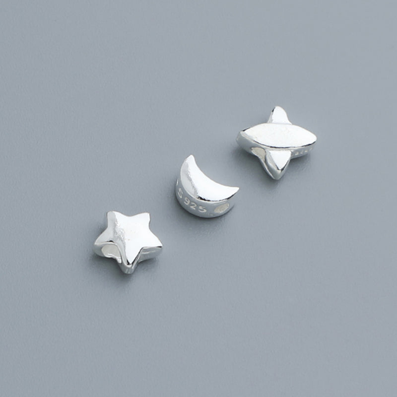 10pcs S925 Vegan Silver Star & Moon Spacer Beads - Glossy Geometric