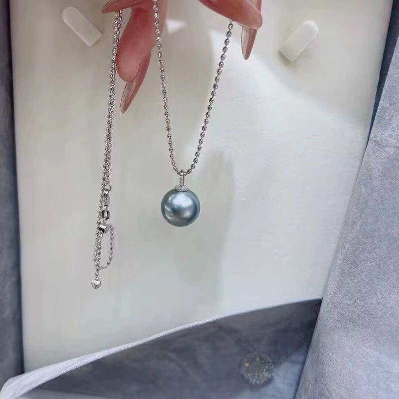 3A 10–15mm Platinum Grey Tahitian Pearl Pendant, Round Natural Pearl in 18K White Gold Zircon Bail, Strong Luster, Silver Chain Included