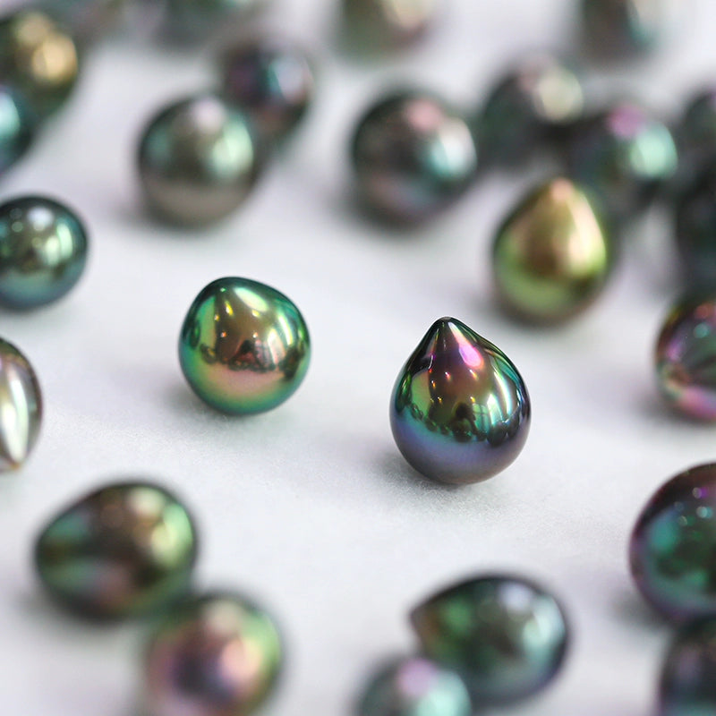 3A 9–12mm Peacock Green Tahitian Pearl Drop Oval Bead, Natural Sea Pearl with Ridges, Loose Undrilled for Pendant Ring Earring Custom